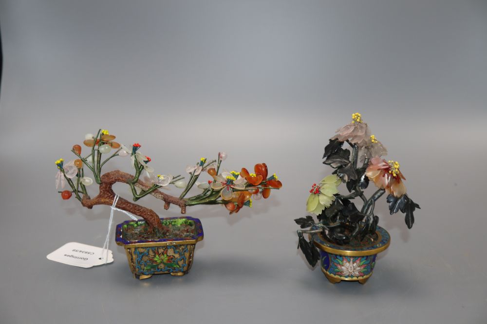 Two Chinese hardstone and cloisonne trees, tallest 14cm